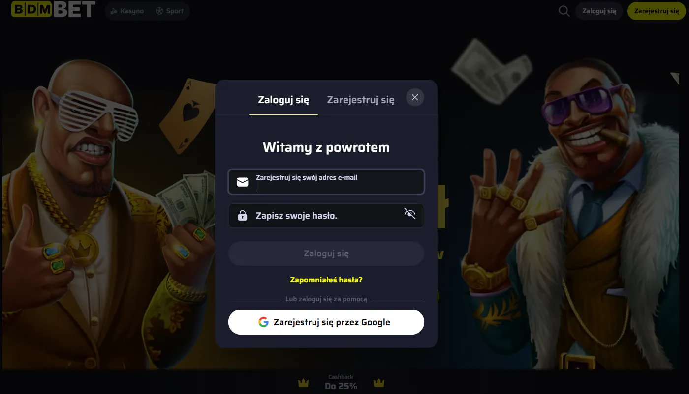 Ekran rejestracji lub logowania BDMbet bez danych użytkownika