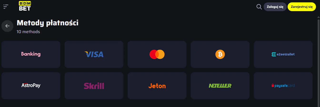 Oficjalna polska strona BDMbet z listą Banking, Visa, MasterCard, Crypto, Skrill i Paysafecard