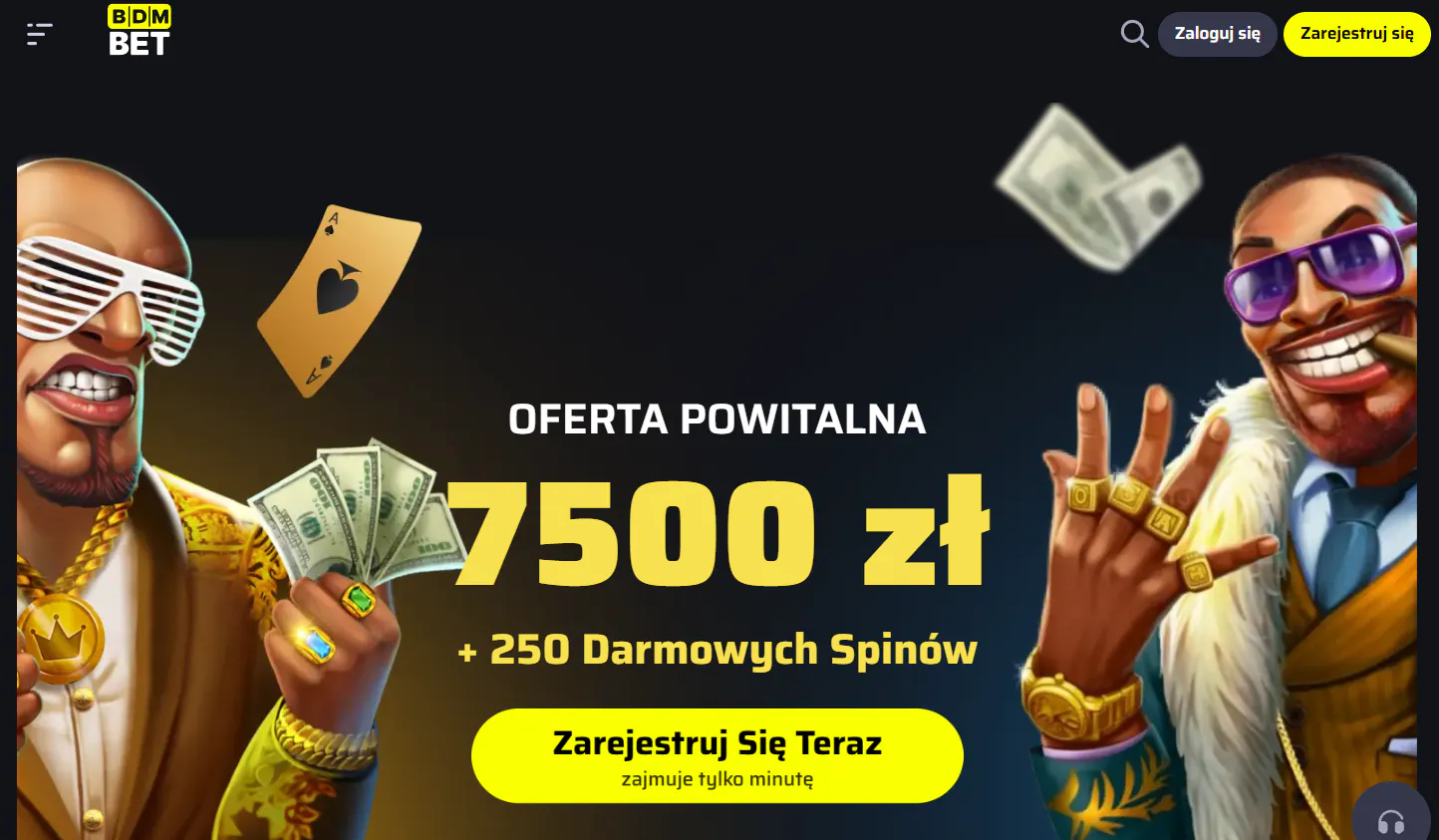 Aktualna polska sekcja oferty powitalnej BDMbet z kwotą 7500 zł i 250 darmowymi spinami